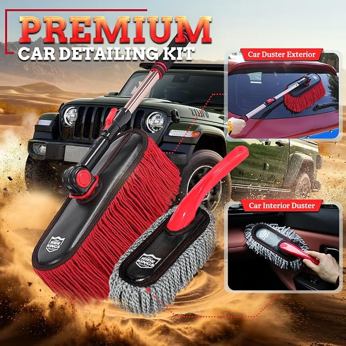 Exterior Car Duster & Brush Kit - Extendable，Wax Cotton | Telescoping auto mop traps pollen scratch-free. Combo with inside detailing tools & bag. Gift for SUV, truck, motorcycle.