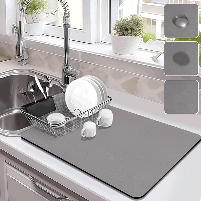 Drying Mat for Kitchen Countertops, Coffee Mat Hide Stain Rubber Backed Absorbent Dish Drying Mat