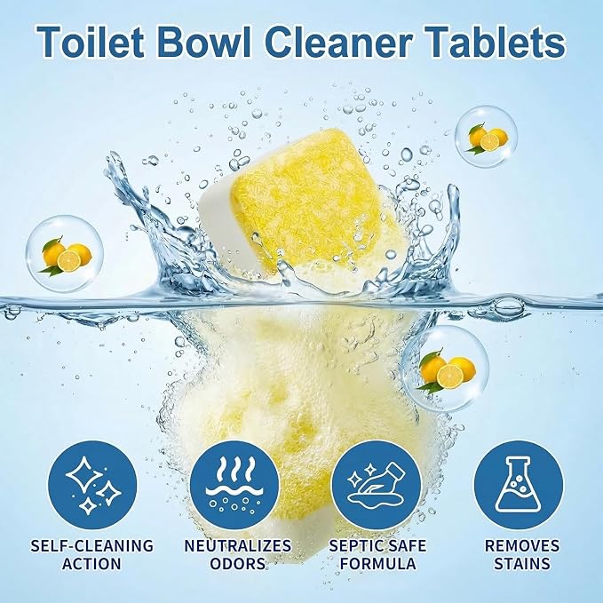 Toilet Bowl Cleaner Tablets – Lots of Foam Deodorizer & Septic Safe, Odor Eliminator, Stain Remover for Long-Lasting Freshness,No Harsh Chemicals,– Fresh Lemon Scent 24 Pack