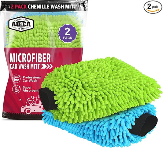 AIDEA Car Wash Mitt Microfiber, 2PK, Car Wash Brush, 7.12''X10.14'' | Scratch Free Lint-Free, Premium Chenille Microfiber Mitt, Regular Size, Green & Blue