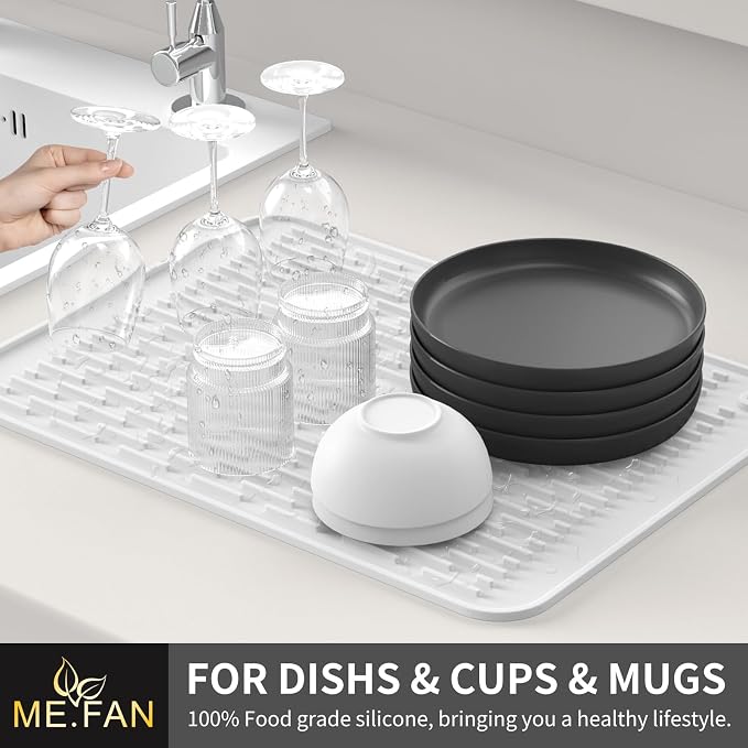 ME.FAN Silicone Dish Drying Mat for Kitchen Counter, Dish Drying Pad for Sink, Refrigerator or Drawer, Countertop Protection Pad XL - 23''×17'' - White