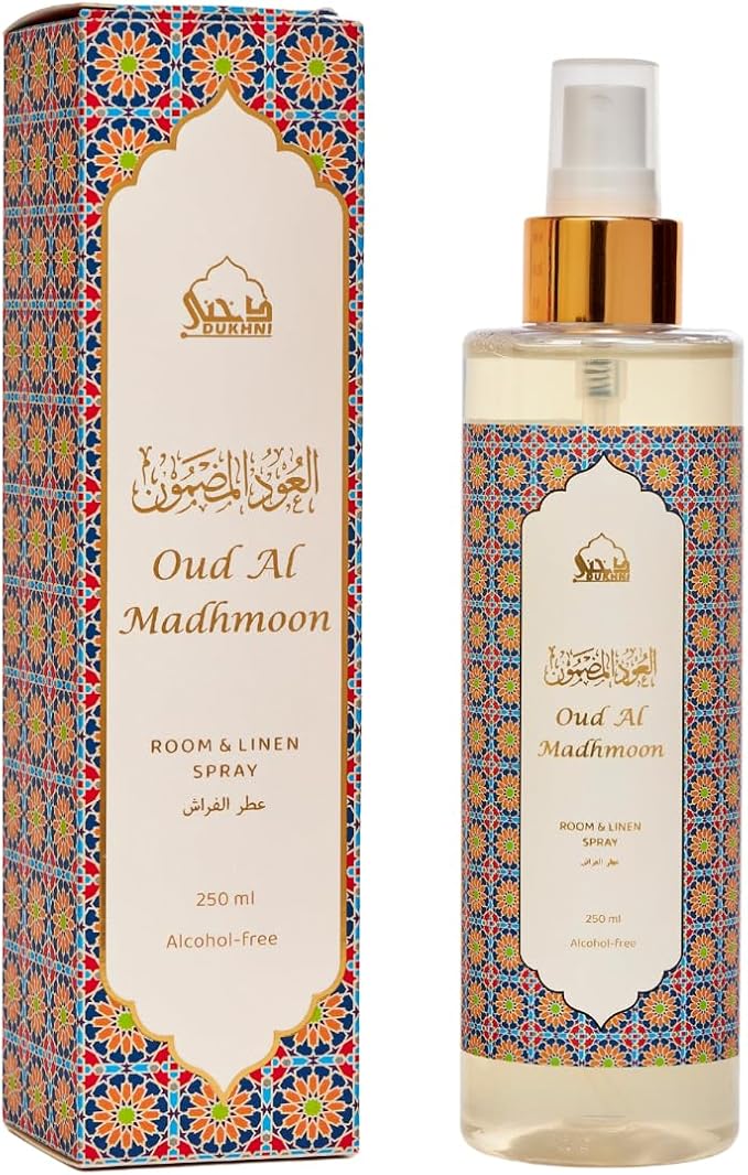Oud Al Madhmoon Sweet Spray by Dukhni | 250ml Oud Fabric Spray for Home | Oakmoss & vetiver Linen Spray for Home, Prayer Mats, Bed, Sofa, Living Room, Curtain, Car | Room Freshener, Odour Eliminator
