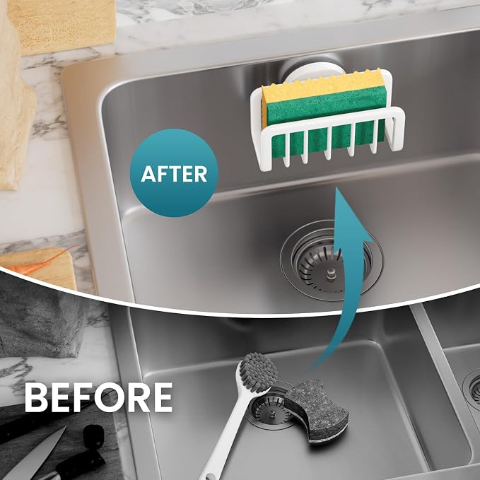 TAILI Sponge Holder for Kitchen Sink with Strong Suction Cup, Rustproof Aluminum Sink Caddy for Sponges, Removable Sponge Holder, Dish Brush for Scraper - White