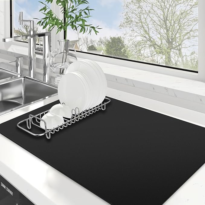 WISELIFE Dish Drying Mat Super Absorbent Drying Mat Large Dish Drying Mats for Kitchen Counter Easy Clean Dish Mat Kitchen Drying Mat16"x 24" Classic Black