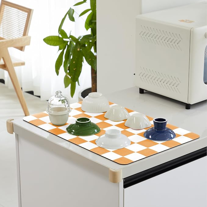 Ohocut Checkered Dish Drying Mat for Kitchen Counter, Coffee Bar Station Accessories, Retro Cute Fall Aesthetic Modern Absorbent Drainer Mat Kitchen Drying Mat Easy Clean, Orange 12" x 19"
