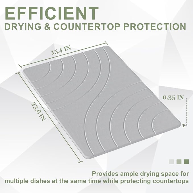Large Stone Drying Mat for Kitchen Counter, 24" × 16" Diatomite Dish Drying Mat, Quick Dry Stone Mats, Ultra Absorbent Natural Diatomaceous Earth Mats for Dished, Bottles, Grey