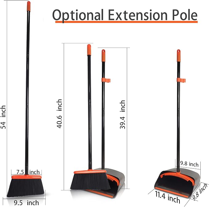 Broom and Dustpan Set for Home, JEHONN Long Handle Lightweight Indoor Broom Set Heavy Duty, Upright Standing Dust Pan with Comb Teeth Store Sweep Set for Room Kitchen Office Lobby