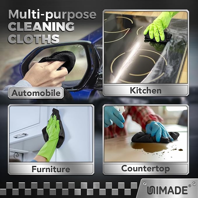 UNIMADE Microfiber Cleaning Cloth, 24 Pack Reusable Microfiber Towels for Cars Lint Free Cleaning Shop Towel Rags for Home Kitchen Automotive Bar Mechanic Restaurant Garage, 11"x 12", Black