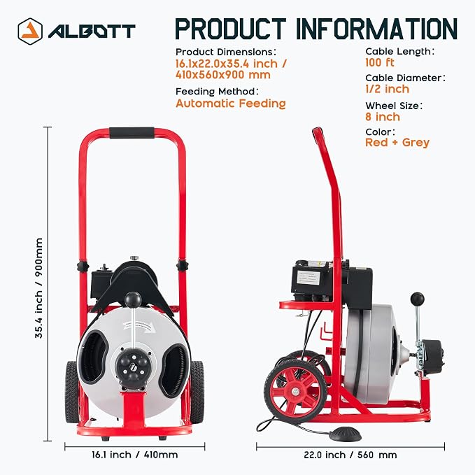 Albott 100 FT x 1/2 inch Electric Drain Cleaner Machine with Auto-Feed & 10 Cutters, Sewer Snake Auger for 1–4 Inch Pipes, Foot Switch & Wheels, Ideal for Home & Commercial Use, Gray/Red