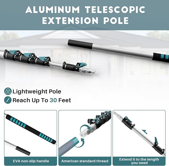 TelesPro 36 Foot High Reach Duster Kit with 7-30FT Extension Pole High Ceiling Dusting and Window Cleaning Kit with Telescopic Pole Window Washer&Squeegee,Cobweb Duster,Fan Duster and Feather Duster