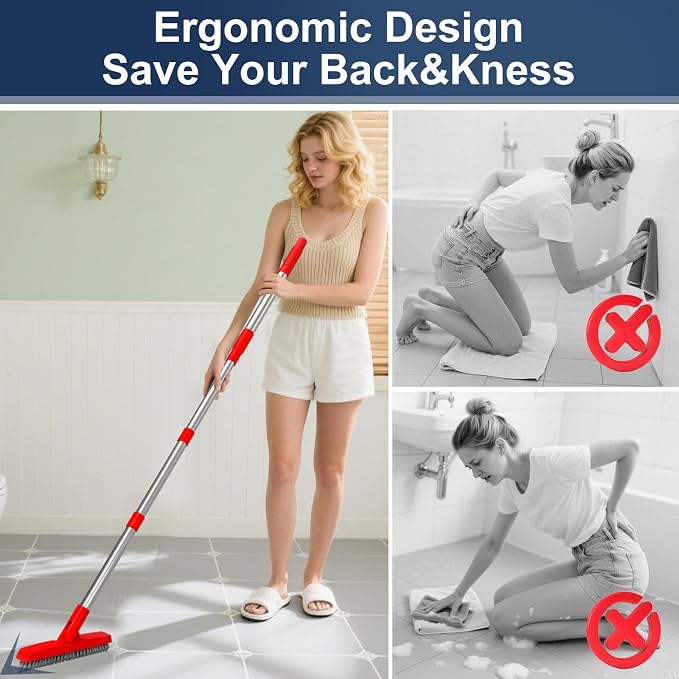 2 Pack Grout Brush with Long Handle, Swivel Cleaning Grout Line Scrubber - Extendable Durable Handle Grout Cleaner Brush for Bathroom,Tile,Baseboard,Walk in Shower,Corner & Narrow Space (Red)