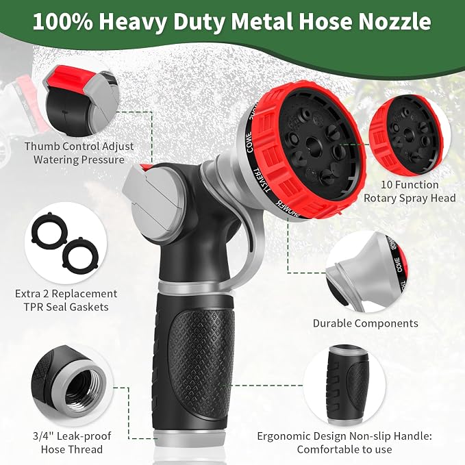 Hose Nozzle,Heavy Duty Metal Garden Hose Nozzles - 10 Spray Patterns | Leak-Proof Hose Sprayer Nozzle with Thumb Control, High Pressure Water Hose Nozzle for Watering Plants, Car and Pet