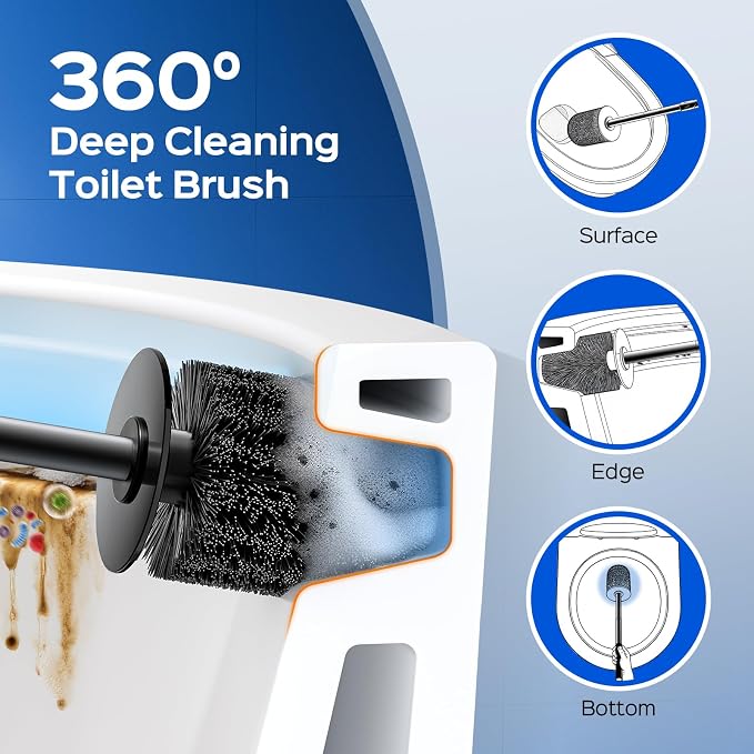 HAMITOR Black Toilet Bowl Brush: Metal Rustproof Bathroom Cleaning Accessories Set with Hidden Holder for Renters - Wall-Mounted Family Compact Toilet Cleaner Kits for Apartment RV Small Space