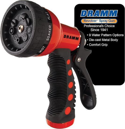 Dramm Revolver Heavy Duty Metal Garden Hose Nozzle – 9 Spray Patterns, High Pressure Jet, Thumb-Control Flow, Ergonomic Grip – Red