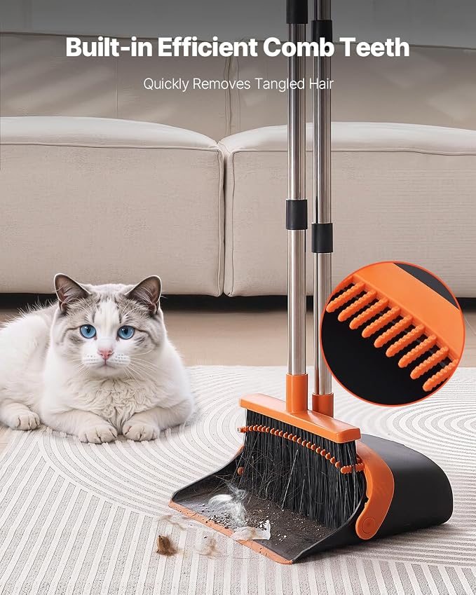 VEVOR Broom and Dustpan Set, Heavy Duty Dustpan and Broom Combo with Self-Cleaning Teeth, Metal Upright Standing Dust Pan with Long Handle, Ideal for Home, Restaurant, Office, Dorm, Black+Orange