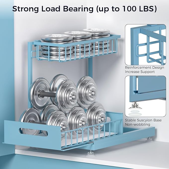 Saydear 2-Pack L-Shaped Under Sink Organizer, 2-Tier Pull-out Cabinet Rack | Teal Height-Adjustable Steel Rack, Sliding Grid Drawers with PP Liners, Holds 100 Lbs, Suction Base, Ideal Kitchen Storage