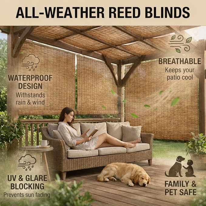 Bamboo Patio Shades Light Filtering Outdoor Roll Up Shades, Bamboo Porch Blackout Roller Blinds 36 48 72 84 62 inches Long Sunshade Window Treatment for Home Decor, Cordless(30" W x 36" H)