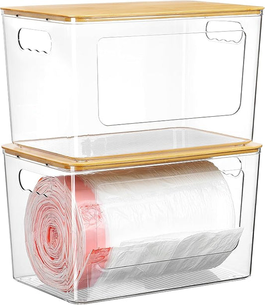 Vtopmart 2 Pack Trash Bag Holder with Bamboo Lid, Stackable Garbage Bag Dispenser for 13/30/33 Gallon Bags, Clear Organizer Bins for Under Kitchen Sink, Laundry Room Organization and Storage