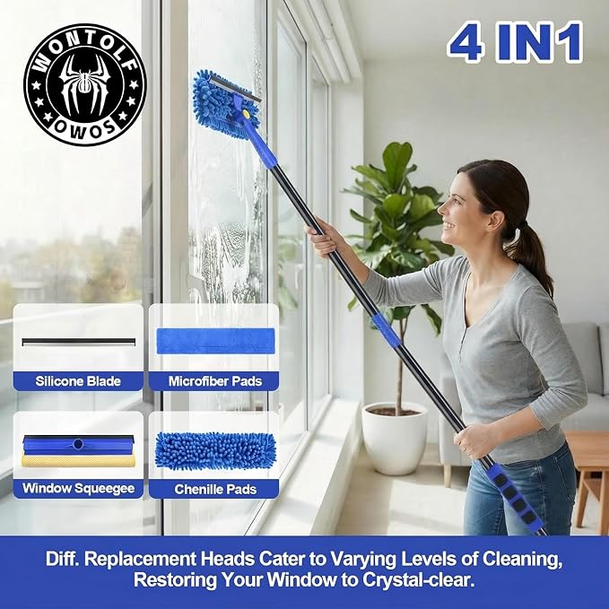 Wontolf 4-in-1 Window Squeegee, 79'' Window Cleaner Tool with Extension Pole, Window Cleaning Kit with Storage Bag, Rotatable Window Washing Kit Equipment for Home, Outdoor High Windows, Glass, Shower