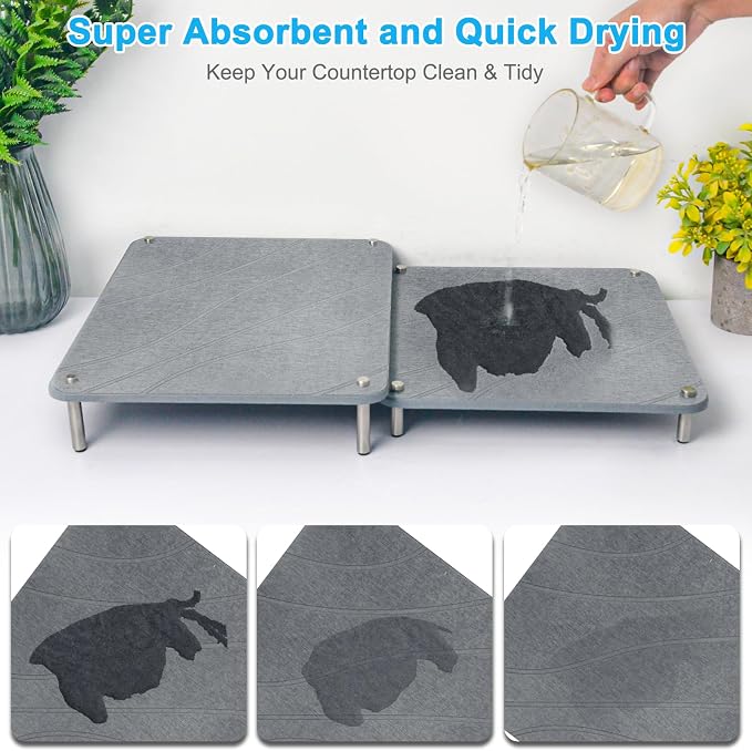 3Pcs Nesting Stone Drying Mat for Kitchen Counter, Quick Drying Stone Dish Drying Mat with Non-Slip Feet, Super Absorbent Heat Resistant Diatomaceous Earth Dish Drying Mat for Dishes, Bottles-Curve