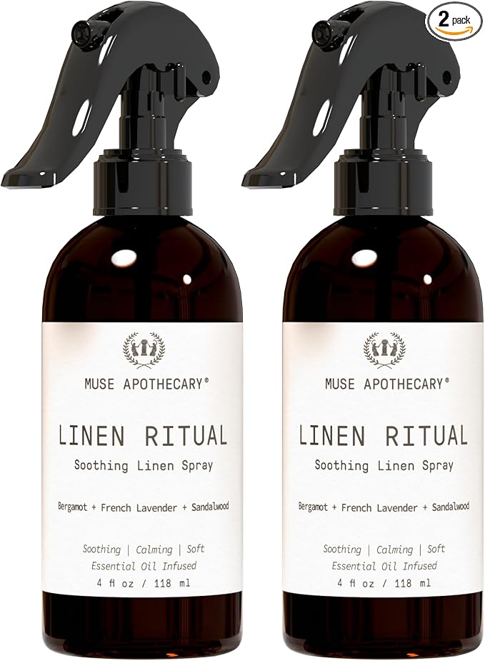 Muse Apothecary Linen Ritual - Aromatic, Soothing, and Relaxing Linen Mist, Laundry and Fabric Spray - Infused with Aromatherapy Essential Oils - 4 oz, Bergamot + French Lavender + Sandalwood, 2 Pack