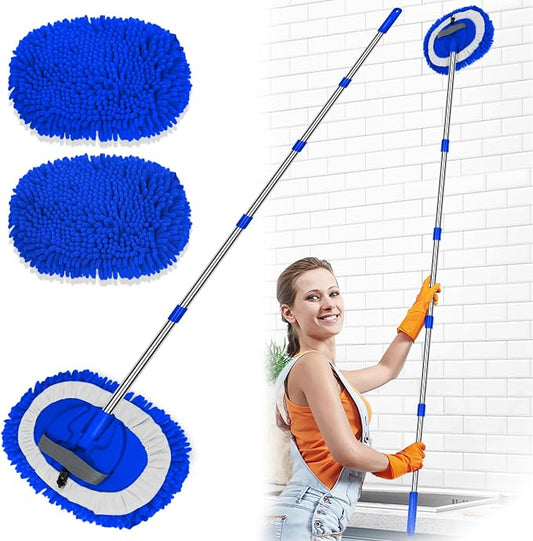 2 in 1 Lightweight Wall Cleaner Mop with Long Handle 75" 190cm Lint-Free Duster Cleaning Tool 2 Replacement Microfiber Chenille Pads for Kitchen Baseboard Ceiling Floor Window Door Scrubber Brush,Blue