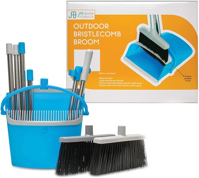 JFB Home Products BristleComb Outdoor Broom & Dustpan Set Upright, 49" Long Adjustable Broom, Long Handle, Self-Cleaning Comb & 2 Interchangeable Heads of Different Stiffness - Medium and Coarse