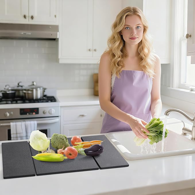 Foldable Stone Dish Drying Mat for Kitchen Counter, Diatomaceous Earth Drying Mat with Non-Slip Backing, Heat Resistant Multifunctional Mat for Kitchen & Bathroom, Instant water absorption-(24"×16")