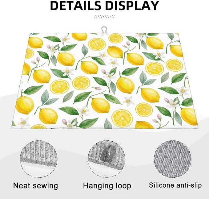 Lemon Dish Drying Mat for Kitchen Counter Microfiber Absorbent Dish Draining Reusable Washable Extra Large 24" x 18" (Lemon, 18x24in)