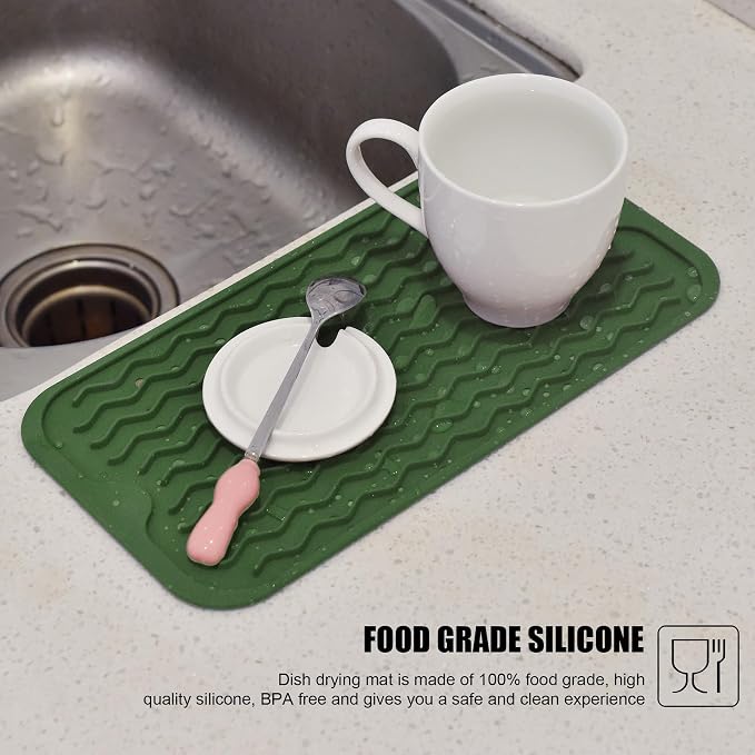 Silicone Dish Drying Mat for Multiple Usage, Easy clean, Eco-friendly, Heat-resistant Dish Drainer Mat for Kitchen Counter,Sink,Refrigerator or Drawer liner (12" x 6", Dark Green)