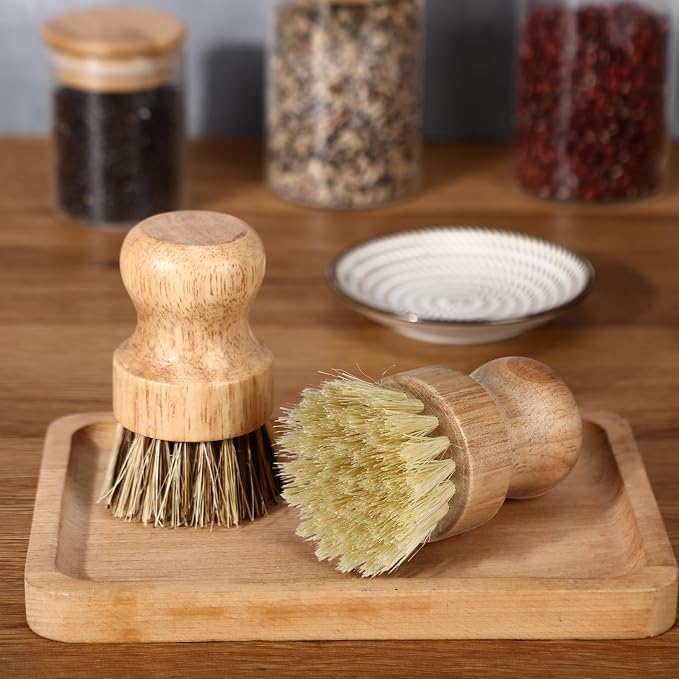 Nuenen 6 Packs Bamboo Dish Scrub Brushes Wooden Scrubbers Set Kitchen Dishwashing Scrubber with Natural Sisal Bristles for Iron Pot Pan Sink (Sisal and Coconut Palm)