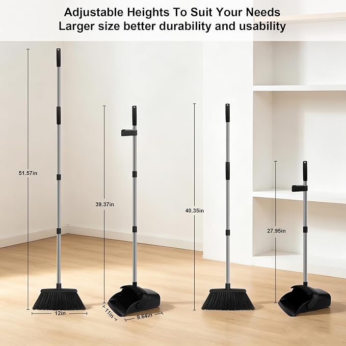 Broom and Dustpan Set 2 Pack, Upright Stand Up Broom and Dustpan Combo with Long Handles, Self-Cleaning Dustpan Teeth, Indoor Outdoor Sweeping Set for Home, Kitchen, Garage Pet Areas Black