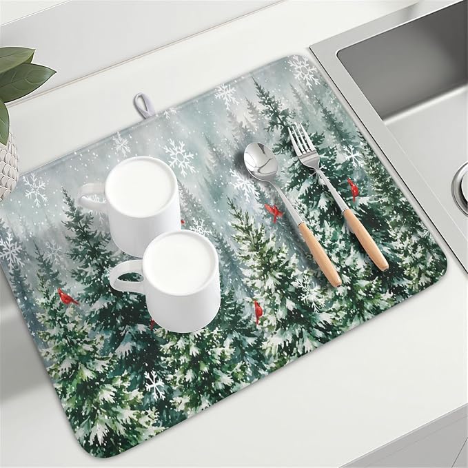 Winter Forest Snowflake Dish Drying Mat for Kitchen Counter 18"x24" | Christmas Green Pine Trees Birds Dish Drainer Mat Rustic Winter Holiday Absorbent Washable Drying Pad