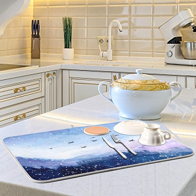 Absorbent Dish Drying Mat for Kitchen Counter - Watercolor Landscape Microfiber Drying Pad, Reversible Drainer Mats for Countertop, Small 16 x 18 inch