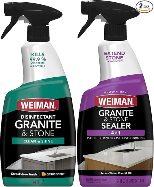 Weiman Disinfecting Granite & Stone Daily Cleaner and Sealer Kit - For Granite, Marble, Quartz, Quartzite, Slate - 24 oz Daily Kitchen Countertop Cleaner, 24 oz Granite & Stone Sealer