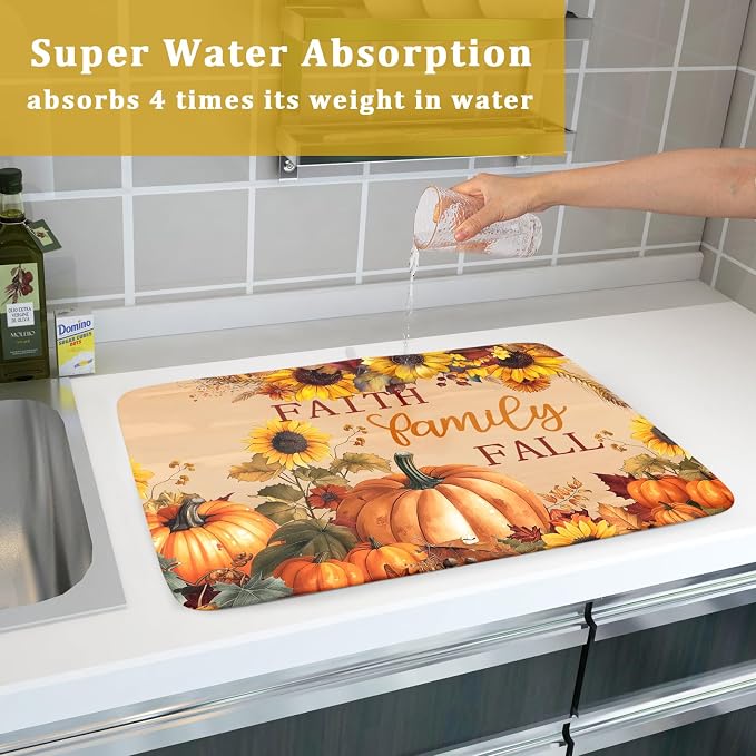 Faith FamilyFall Dish Drying Mat 16X18 Inch Thanksgiving Mats for Kitchen Counter Thanksgiving Autumn Harvest Pumpkin Dish Drying Mat Microfiber Dish Drying Pad Dish Rack Drainer Mat for Coffee Bar
