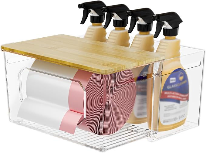 Trash Bag Holder 2-in-1 Under Sink Organizer, Acrylic Trash Bag Dispenser with Bamboo Lid and Pull-Out Basket for Cleaning Supplies, Space Saving Garbage Bag Holder for Kitchen Laundry Room Storage