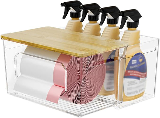 Trash Bag Holder 2-in-1 Under Sink Organizer, Acrylic Trash Bag Dispenser with Bamboo Lid and Pull-Out Basket for Cleaning Supplies, Space Saving Garbage Bag Holder for Kitchen Laundry Room Storage