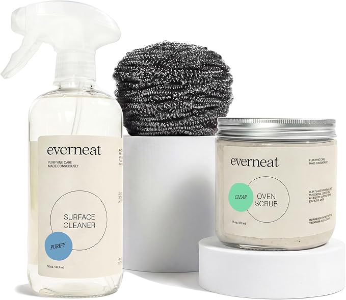 Everneat Oven Cleaning Kit: Natural Oven Cleaner and Kitchen Cleaner | Heavy Duty | Grill, Cooktop & Rack | Fume-free & Safe to Clean All Ovens (Purify) | Non-toxic | Refillable Plastic Jar & Bottle