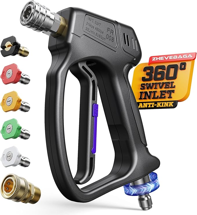 Short Pressure Washer Gun with 360°Swivel, 4000 PIS Power Washer Gun | Stubby High Pressure Washer Gun, 3/8" Male Plug, 1/4" Quick Connect, 5 Spray Nozzle, Car Wash Gun for Foam Cannon