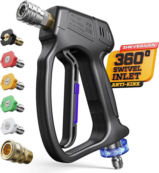Short Pressure Washer Gun with 360°Swivel, 4000 PIS Power Washer Gun | Stubby High Pressure Washer Gun, 3/8" Male Plug, 1/4" Quick Connect, 5 Spray Nozzle, Car Wash Gun for Foam Cannon