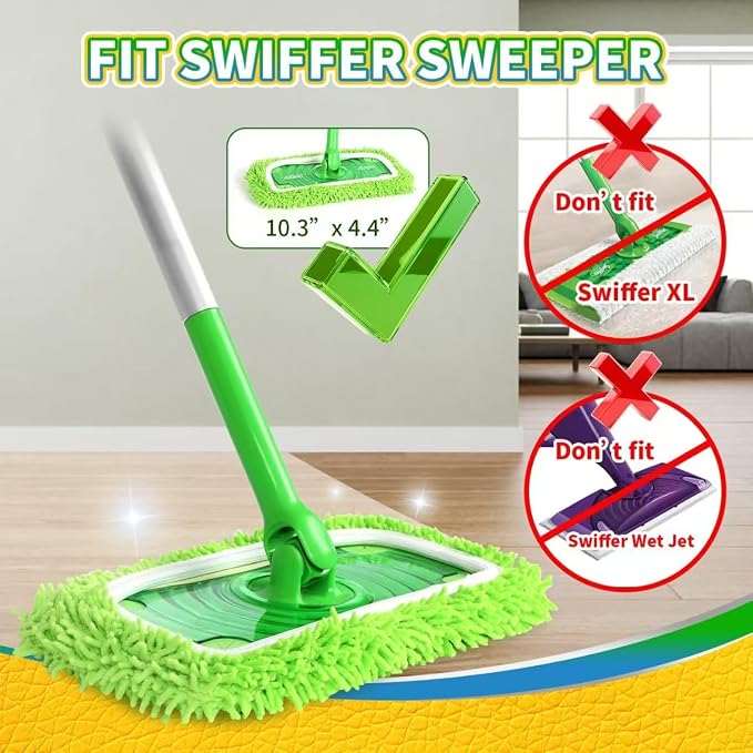 8 Pack Chenille Mop Pads, Reusable Microfiber Mop Refills for 10''–12'' Flat Mops, Washable Wet & Dry Floor Pads for Hardwood, Tile, Compatible with Swiffer Sweeper (M, Count, 6)
