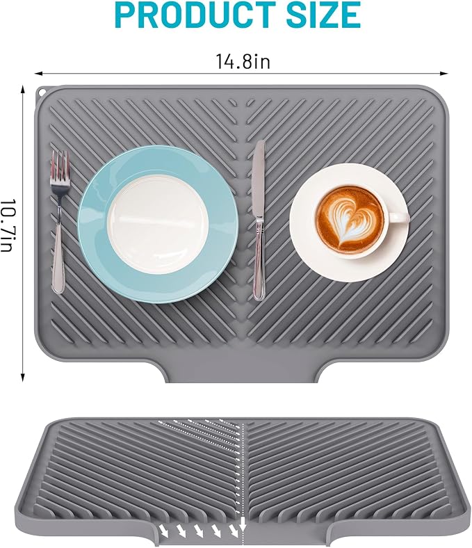 Dish Drying Mat Kitchen Counter - Silicone Dish Drying Pad with Built-in Drain for Sink, Refrigerator and Drawer Liner, Easy Clean, Non-Slip, Heat Resistant, 14.8" x 10.7"