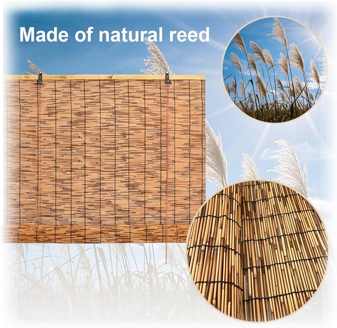 Privacy Screen Blinds Bamboo Roll Up Shades with Lift for Outdoor Balcony Patio Indoor Offices Cordless Light Filtering Bamboo Window Blinds((W x H) 57 in x 66 in)