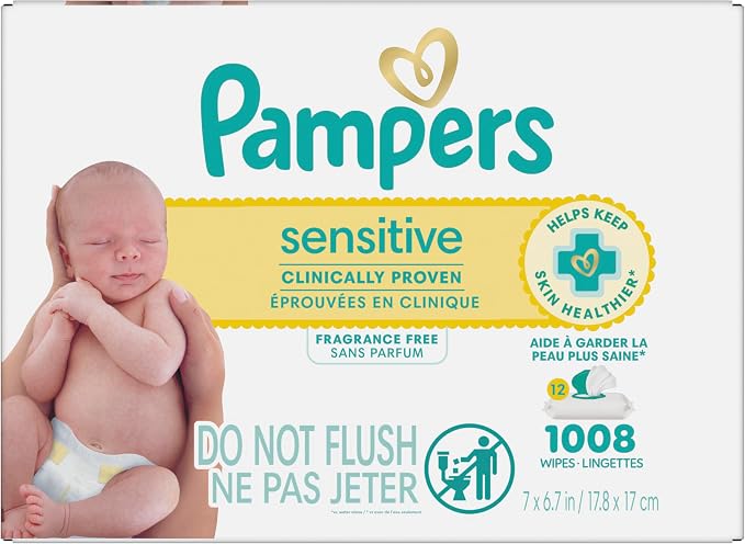 Pampers Sensitive Baby Wipes, Water Based, Clinically Proven, Hypoallergenic, and Unscented for Babies, 1008 Wipes Total (12 Flip-Top Packs) [Packaging May Vary]