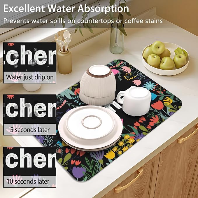 Dish Drying Mat 2-Pack in Floral Garden for Kitchen Counter Dishes Mat | Diatom Mud Mats (18x24, 19.5x12"). Non-slip rubber back for kitchen counter, coffee bar & sink scenes