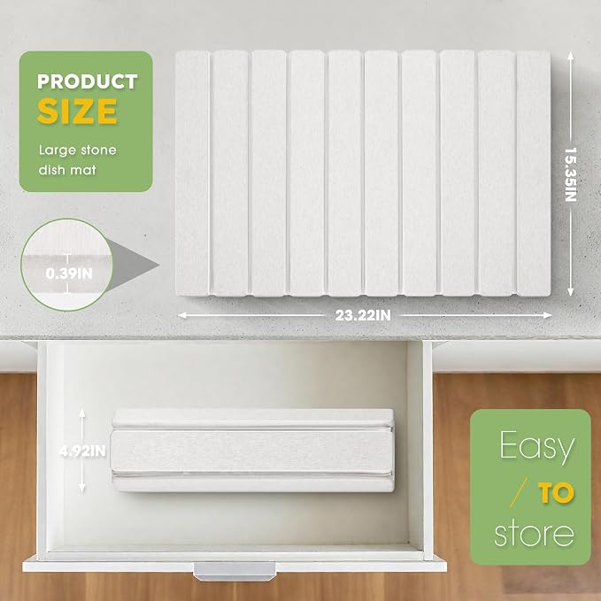 HABUTWAY Large Stone Dish Drying Mat for Kitchen Counter – 24"×16" Collapsible Diatomaceous Earth Mat, Ultra Absorbent & Quick Dry, Foldable Drying Pad for Dishes, Bottles, Cups (White)