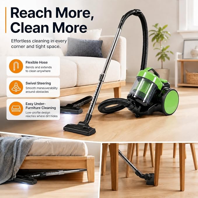 Simple Deluxe Household Portable 16.4Ft Vacuum Cleaner, 16Kpa Bagless Canister Cleaner, Lightweight Powerful Vacuum for Carpets and Hard Floors, with Washable HEPA Filter, Green
