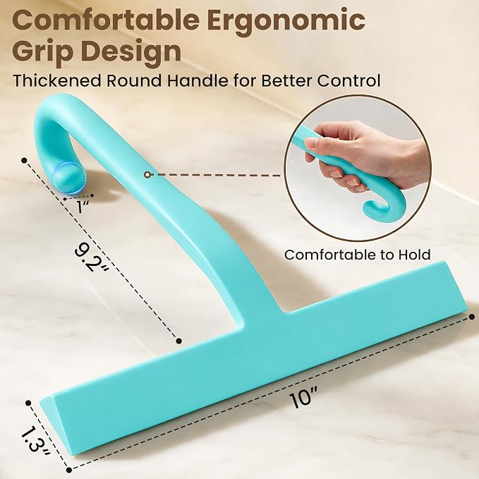 10 Inch Silicone Shower Squeegee for Glass Doors, Streak-Free, Mint Green | No-Squeak Silicone Blade, Ergonomic Round Grip and Built-In Hook for Quick Daily Cleaning of Shower Glass, Tile and Windows