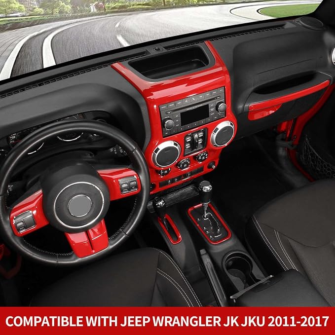 RT-TCZ 10PCS JK Interior Accessories Trim Kit for Jeep Wrangler 2011-2017 | Red JKU Center Console Dashboard Cover, Steering Wheel Decal, Gear Shift Panel, ABS Plastic, Tape-Easy Install
